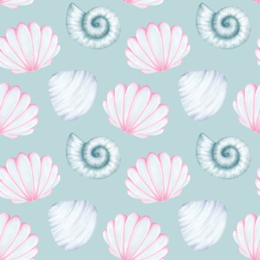 Suluboya desenleri. Okyanus dikişsiz elementler: deniz kabukları, denizyıldızı, taşlar, yumuşakçalar. Kumaş, duvar kağıdı ve tekstil için deniz tropik baskısı.