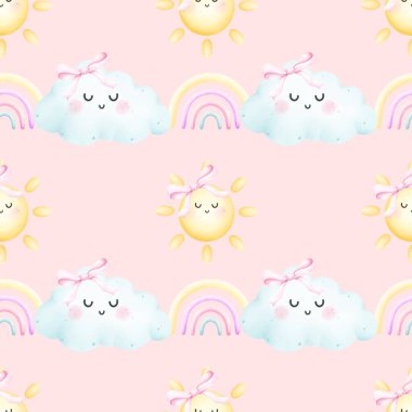 Şirin gülümseyen güneşler ve bulutsuz desenler. Çocuklar için tekstil. Kumaş, hatıra defteri, afiş, kart, ambalaj kağıdı, duvar kağıdı, tekstil için ideal.