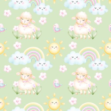  Şirin koyun, çiçek ve gökkuşağı desenli kusursuz suluboya deseni. Elle çizilmiş koyun. Tekstil için komik çiftlik hayvanı ya da yeni doğanlar için kumaş.