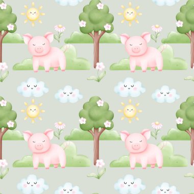  Domuzla kusursuz desen. Suluboya desenli şirin domuz ve doğa. Suluboya çocuk modeli. Paket kağıtları, kartlar, duvar kağıtları, çocuk odası dekorasyonu, çocuk odası dekorasyonu, ambalaj kağıdı ve yapıştırma kitabı için iyidir..