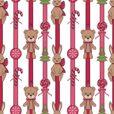  Noel arkaplanı kusursuz. Neşeli Ayı ve Tavşan. Çocuk modası için yeni yıl baskı arka plan tekstili. Duvar kağıdı için dekoratif öğeler dokusu, hediye paketi kağıdı.