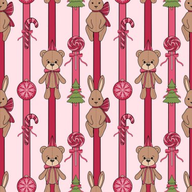  Noel arkaplanı kusursuz. Neşeli Ayı ve Tavşan. Çocuk modası için yeni yıl baskı arka plan tekstili. Duvar kağıdı için dekoratif öğeler dokusu, hediye paketi kağıdı.