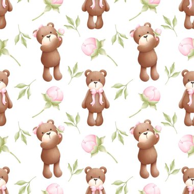  Yavru ayı ve çiçekler kusursuz desen. Kumaş, hatıra defteri, afiş, kart, ambalaj kağıdı için ideal