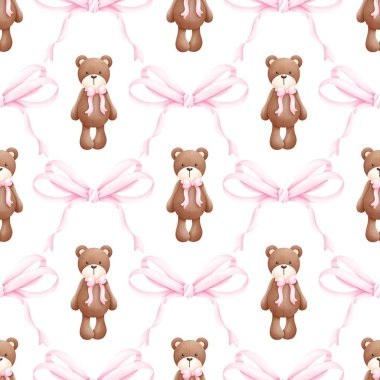  Kusursuz desenli Coquette Teddy Bear, Duvar kağıdı dokusu, hediye paketi kağıdı. Kumaş, hatıra defteri, afiş, kart, ambalaj kağıdı için ideal,