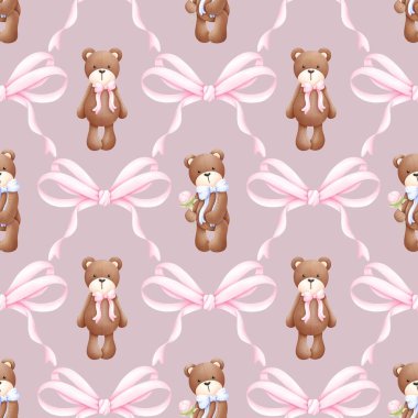  Kusursuz desenli Coquette Teddy Bear, Duvar kağıdı dokusu, hediye paketi kağıdı. Kumaş, hatıra defteri, afiş, kart, ambalaj kağıdı için ideal,