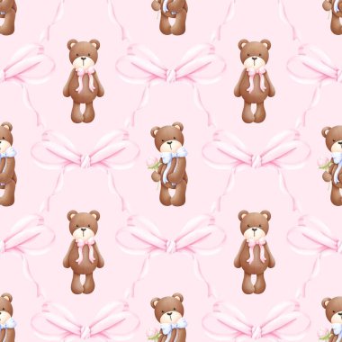  Kusursuz desenli Coquette Teddy Bear, Duvar kağıdı dokusu, hediye paketi kağıdı. Kumaş, hatıra defteri, afiş, kart, ambalaj kağıdı için ideal,