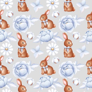  Tavşan ve çiçeksiz desenler, Bunny Bow Digital İndirme, Tavşan ve şakayıklar. Şirin Tavşan Tekrarlama Kağıtları, Albüm kağıdı, Bebek partisi, Doğum günü Tavşanı.