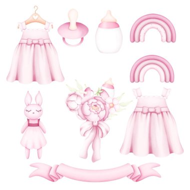 Pembe Kreş ve Parti Clipart Paketi. Yeni doğmuş Bebek Kız Klibi. Kız bebek partisi. Yumuşak Pembe Bebek Aksesuarları. Kumaş, hatıra defteri, afiş, kart, ambalaj kağıdı için ideal