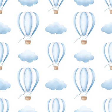  Suluboya hava balonu, kumaş, tekstil veya duvar kağıdı için mavi bulutlu, çocuksu, pürüzsüz bir desen..