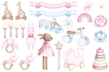 Suluboya bebek oyuncakları ve dekoratif elementlerden oluşan hassas bir koleksiyon. Çocuk tasarımı, hatıra defteri, kartlar ve diğer yaratıcı projeler için mükemmel. Yumuşak pastel gölgeler ve harika bir illüstrasyon.