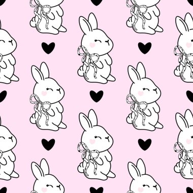  Tatlı Tavşan Aşk Şablonu. Kawaii Tavşan Kalbi Düzeni. Kumaş, hatıra defteri, afiş, kart, ambalaj kağıdı için ideal.