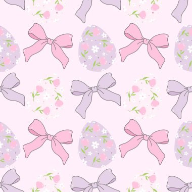  Coquette pastel yayı ve Paskalya yumurtasının dikişsiz deseni, Whimsical preppy yayı, basılabilir tekrar dijital kağıt, kumaş baskısı kağıtları. Kumaş, hatıra defteri, afiş, kart, ambalaj kağıdı için ideal