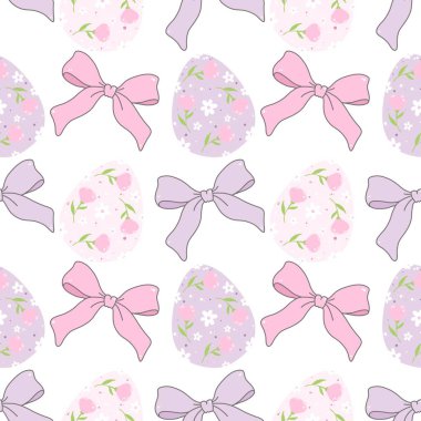  Coquette pastel yayı ve Paskalya yumurtasının dikişsiz deseni, Whimsical preppy yayı, basılabilir tekrar dijital kağıt, kumaş baskısı kağıtları. Kumaş, hatıra defteri, afiş, kart, ambalaj kağıdı için ideal