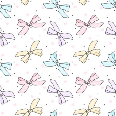 Coquette pastel yay, dikişsiz desen, kaprisli kurdele yayı, şirin kurdele yayı, basılabilir tekrar dijital kağıt, kumaş baskısı kağıtları. Kumaş, hatıra defteri, afiş, kart, ambalaj kağıdı için ideal