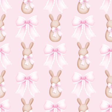  Tatlı Tavşanlı Kusursuz Desen ve Yumuşak Pastel Özgeçmişli Romantik Pembe Fiyonklar. Estetik baskı. Kumaş, hatıra defteri, afiş, kart, ambalaj kağıdı için ideal