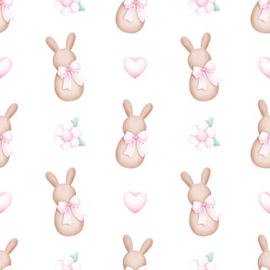  Paskalya çikolatalı tavşanı selamlama deseni. Tatlı Tavşan ve Yay desenli. Kawaii hayvan duvar kağıdı. Estetik baskı. Kumaş, hatıra defteri, afiş, kart, ambalaj kağıdı için ideal