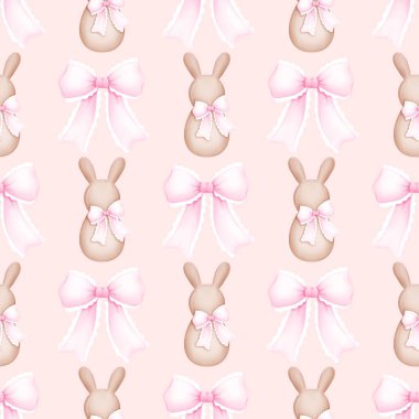  Tatlı Tavşanlı Kusursuz Desen ve Yumuşak Pastel Özgeçmişli Romantik Pembe Fiyonklar. Estetik baskı. Kumaş, hatıra defteri, afiş, kart, ambalaj kağıdı için ideal