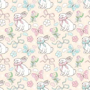 Tavşan ve fiyonk. Paskalya deseni. Cottagecore Bunny Dijital Kağıdı.