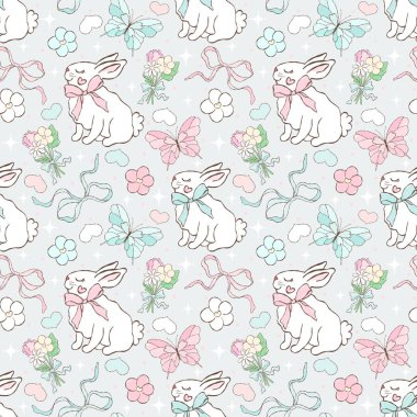 Tavşan ve fiyonk. Paskalya deseni. Cottagecore Bunny Dijital Kağıdı.