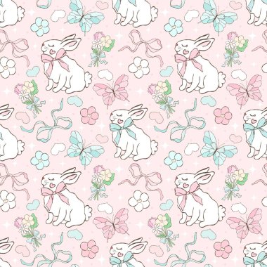 Tavşan ve fiyonk. Paskalya deseni. Cottagecore Bunny Dijital Kağıdı.