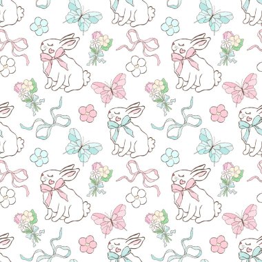 Tavşan ve fiyonk. Paskalya deseni. Cottagecore Bunny Dijital Kağıdı.
