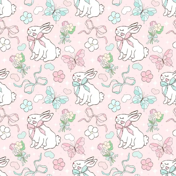 Tavşan ve fiyonk. Paskalya deseni. Cottagecore Bunny Dijital Kağıdı.