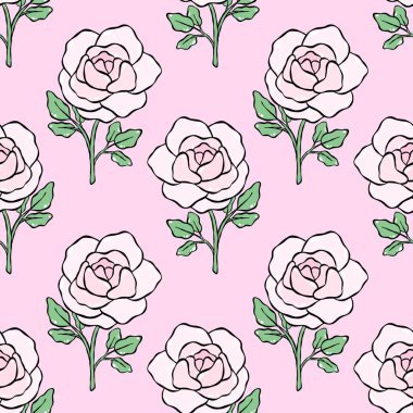 Güller ve yapraklarla kusursuz bir desen. El çizildi. resimleme.