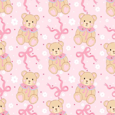  Klasik Teddy Bear Coquette Kusursuz Şablon. Yumuşak Pembe Oyuncak Ayılar ve Fiyonklar