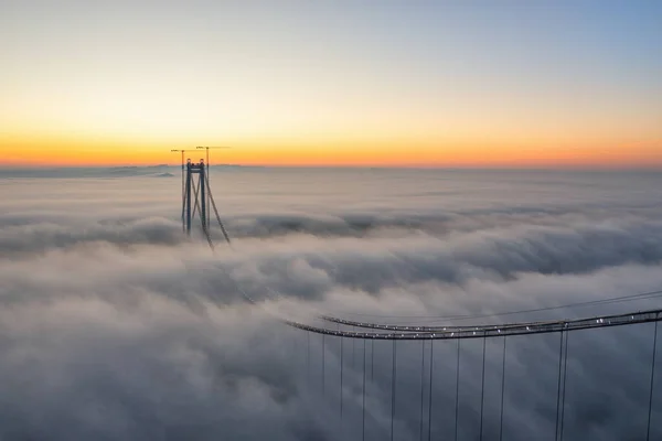 Panoramic Aerial Drone View Suspended Bridge Danube River Construction Braila — Stock Photo, Image