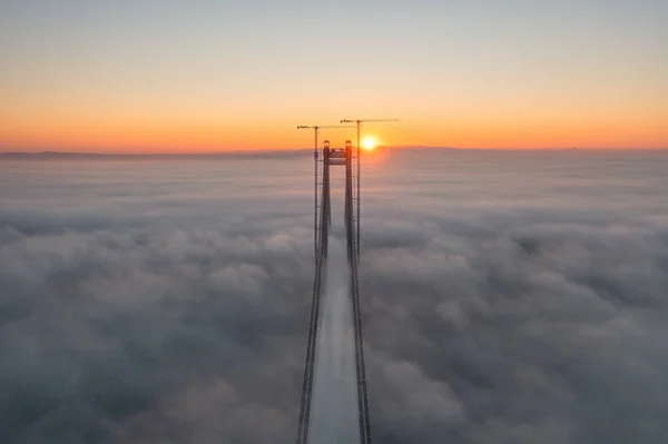 Panoramic Aerial Drone View Suspended Bridge Danube River Construction Braila — Fotografia de Stock