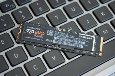 Galati, Romania - December 29, 2022: Presenting the new Samsung 970 EVO PCIe NVMe M.2 SSD to the market