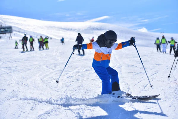 Skiing Technique Boy Mastering His Skills Quick Stop Spraying Snow Stockbild