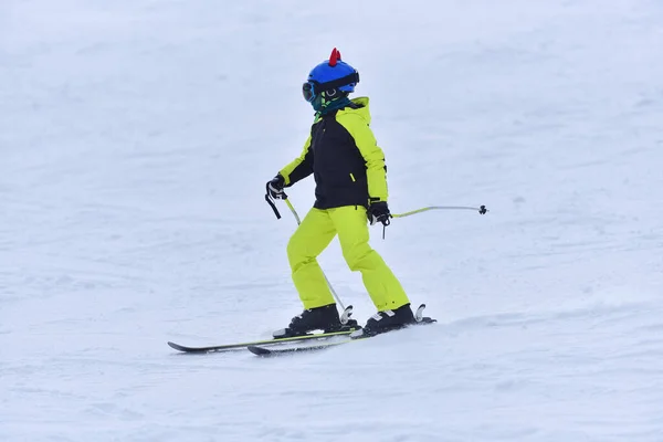 Speed Adventure Sun Year Old Boy Skiing Sunny Slope Mountain — Stok Foto
