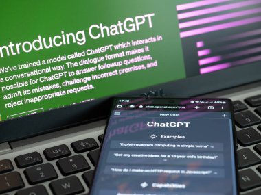 Galati, Romanya - 14 Mart 2023: ChatGPT 'nin web sayfası, OpenAI tarafından geliştirilen bir yapay zeka sohbet robotu. Yeni bir sohbet öncesinde AI ile etkileşim örnekleri gösterilir.
