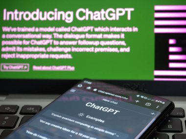 Galati, Romanya - 14 Mart 2023: ChatGPT 'nin web sayfası, OpenAI tarafından geliştirilen bir yapay zeka sohbet robotu. Yeni bir sohbet öncesinde AI ile etkileşim örnekleri gösterilir.
