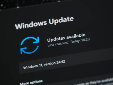 Galati, Romanya - 13 Aralık 2024: Laptop ekranında 24H2 Windows 11 güncellemesi kontrol ediliyor