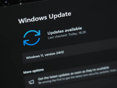 Galati, Romanya - 13 Aralık 2024: Laptop ekranında 24H2 Windows 11 güncellemesi kontrol ediliyor