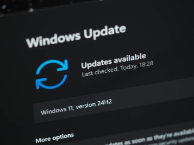 Galati, Romanya - 13 Aralık 2024: Laptop ekranında 24H2 Windows 11 güncellemesi kontrol ediliyor, yakın görüş, 24H2 'ye odaklan