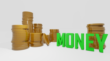 Zenginliği ve refahı temsil eden altın ve altın külçeleri beyaz bir arka planda, varlık ve para sözcüğüyle