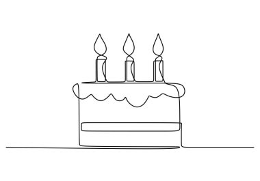 Devamlı çizim tarzında doğum günü pastası. Geleneksel doğum günü pastası. Beyaz arka planda izole edilmiş minimalist siyah çizimin üzerinde mum var. Vektör illüstrasyonu