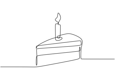 Devamlı çizim tarzında doğum günü pastası. Geleneksel doğum günü pastası. Beyaz arka planda izole edilmiş minimalist siyah çizimin üzerinde mum var. Vektör illüstrasyonu