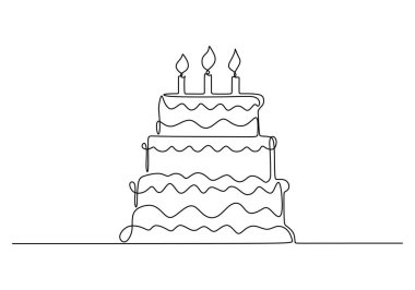 Devamlı çizim tarzında doğum günü pastası. Geleneksel doğum günü pastası. Beyaz arka planda izole edilmiş minimalist siyah çizimin üzerinde mum var. Vektör illüstrasyonu