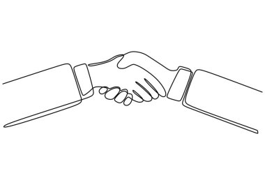 İş adamları el sıkışıyor. Devamlı bir çizim çizimi. Vektör illüstrasyon anlaşmaları ve satın alma kavramı.