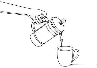 Fransız matbaası ve kahve bir çizgi çiziyor. Devamlı tek bir özet. Vektör illüstrasyonu izole edildi. Minimalist tasarım elle çizilmiş.