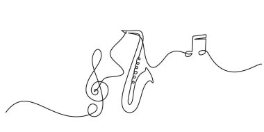 Müzik notaları ve ses tasarımı olan bir trompet çizimi. Klasik caz müzik enstrümanı. Vektör illüstrasyonu basit sürekli özet biçimi.