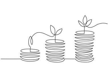 Para finans yatırım konsepti. Bitki yetiştiren bir yığın bozuk para. Sürekli tek bir çizgi çiziyor..