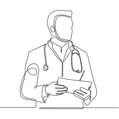 Sürekli bir çizgi çiziyor. Elinde kağıt tutan doktor. Sağlık hizmeti tıbbi konsepti. Vektör illüstrasyon insanlarının işi.