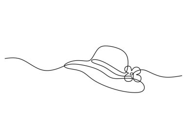 Çiçekli kadın şapkası. Sürekli bir çizgi çiziyor. Yaz tatili ve gezi sembolü. Vektör illüstrasyonu Kadın güneş şapkası modası.