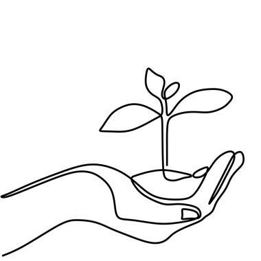 Bitkiyi tutan bir el çizimi. Dünya 'yı sürekli tek bir hatla büyütme ve sevme kavramı.