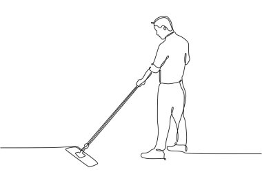 Temizlikçilerin yerleri paspaslaması devam ediyor. Temizlik hizmeti konsepti. Vektör illüstrasyonu izole edildi. Minimalist tasarım elle çizilmiş.